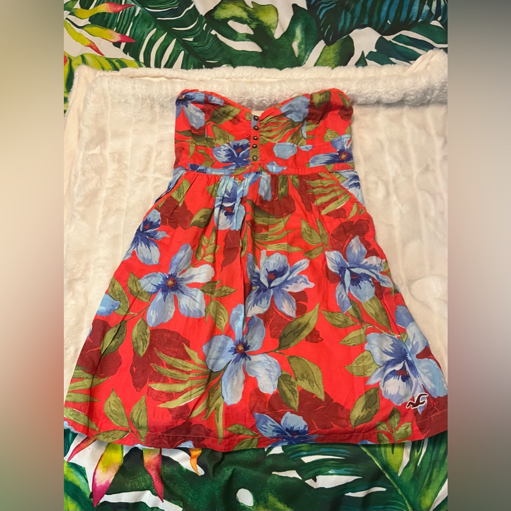 Nwt Hollister Jrs M Red Blue Floral Strapless Summer Preppy Vacation Tunic Top